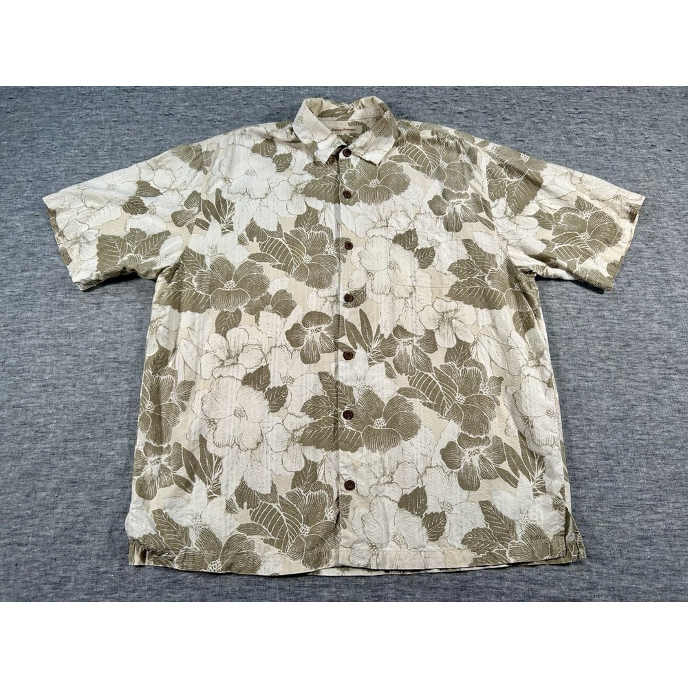 Tommy Bahama Silk Shirt Mens Extra Large Beige Green Flowers Chest Pocket